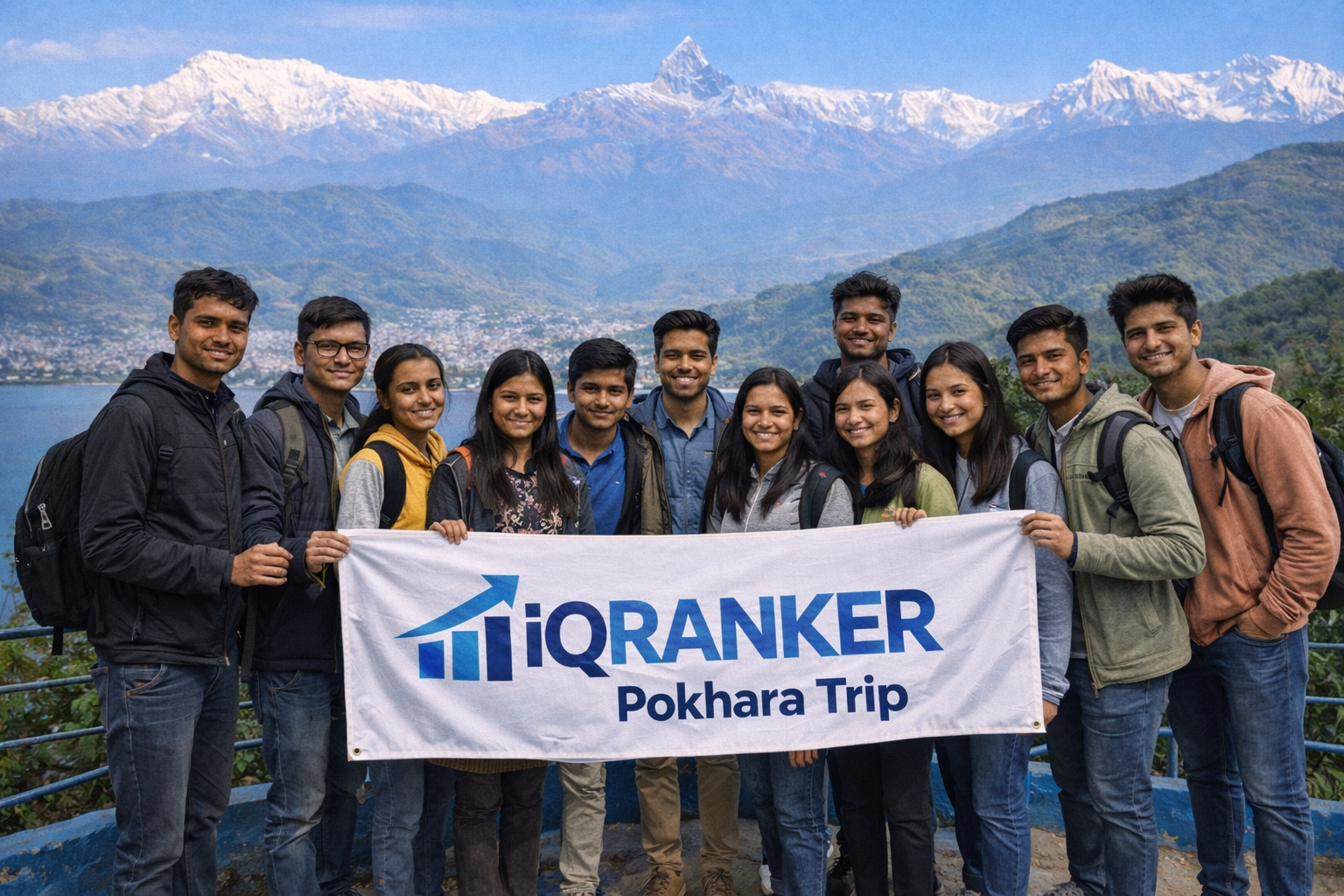 IQ Ranker students holding banner at Pokhara Nepal